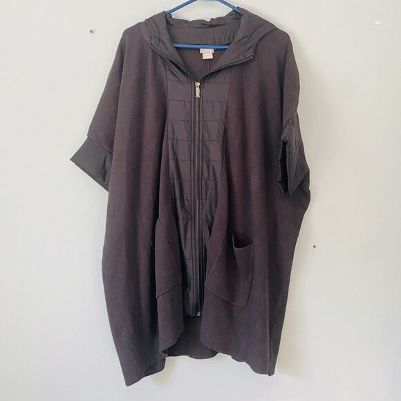 Chicos Zenergy Knit Jacke S-M Brown Espresso Hooded Puffer Trim Short Sleeve Zip - Picture 3 of 8